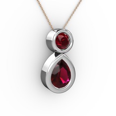 İkili Damla Kolye - Rodolit garnet ve garnet 18 ayar beyaz altın kolye (40 cm rose altın rolo zincir) #z9beiv