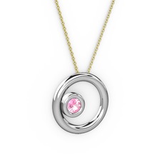 Pembe kuvars 14 ayar beyaz altın kolye (40 cm gümüş rolo zincir)