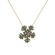 Lumi Kar Tanesi Kolye - Pembe kuvars ve peridot 925 ayar siyah rodyum kaplama gümüş kolye (40 cm altın rolo zincir) #10v0jsb