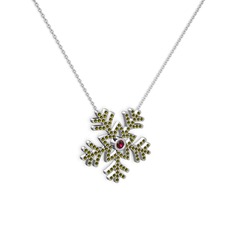 Rodolit garnet ve peridot 14 ayar beyaz altın kolye (40 cm beyaz altın rolo zincir)