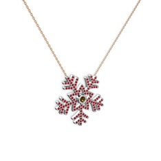 Dumanlı kuvars ve garnet 14 ayar beyaz altın kolye (40 cm rose altın rolo zincir)