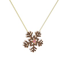 Lumi Kar Tanesi Kolye - Pembe kuvars ve siyah zirkon 8 ayar rose altın kolye (40 cm altın rolo zincir) #1hbt6fv