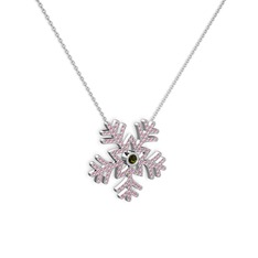 Peridot ve pembe kuvars 8 ayar beyaz altın kolye (40 cm gümüş rolo zincir)