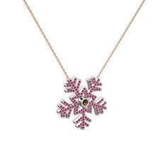 Dumanlı kuvars ve rodolit garnet 14 ayar beyaz altın kolye (40 cm rose altın rolo zincir)