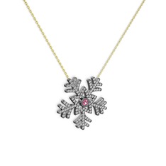 Pembe kuvars ve swarovski 925 ayar siyah rodyum kaplama gümüş kolye (40 cm gümüş rolo zincir)