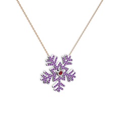 Lumi Kar Tanesi Kolye - Garnet ve ametist 8 ayar beyaz altın kolye (40 cm rose altın rolo zincir) #s84o8d