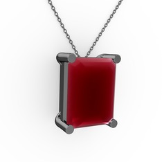 Meira Tektaş Dikdörtgen Kolye - Kök yakut 925 ayar siyah rodyum kaplama gümüş kolye (40 cm gümüş rolo zincir) #13o4svn