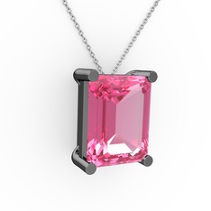Meira Tektaş Dikdörtgen Kolye - Pembe kuvars 925 ayar siyah rodyum kaplama gümüş kolye (40 cm gümüş rolo zincir) #182yrlu