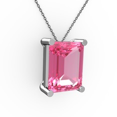 Meira Tektaş Dikdörtgen Kolye - Pembe kuvars 18 ayar beyaz altın kolye (40 cm gümüş rolo zincir) #19toubu
