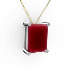 Meira Tektaş Dikdörtgen Kolye - Kök yakut 18 ayar beyaz altın kolye (40 cm gümüş rolo zincir) #1e3es4m