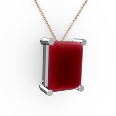 Kök yakut 14 ayar beyaz altın kolye (40 cm rose altın rolo zincir)