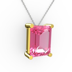 Meira Tektaş Dikdörtgen Kolye - Pembe kuvars 14 ayar altın kolye (40 cm beyaz altın rolo zincir) #1synzbl