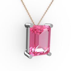 Meira Tektaş Dikdörtgen Kolye - Pembe kuvars 18 ayar beyaz altın kolye (40 cm rose altın rolo zincir) #hr8w3b