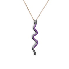 Retil Yılan Kolye - Ametist 925 ayar siyah rodyum kaplama gümüş kolye (40 cm rose altın rolo zincir) #12lagil