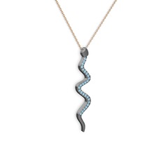 Retil Yılan Kolye - Akuamarin 925 ayar siyah rodyum kaplama gümüş kolye (40 cm rose altın rolo zincir) #13phc26