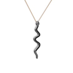 Retil Yılan Kolye - Siyah zirkon 925 ayar siyah rodyum kaplama gümüş kolye (40 cm rose altın rolo zincir) #1gizfbz