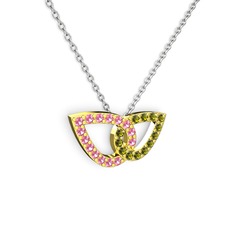 Taşlı Leaf Kolye - Peridot ve pembe kuvars 8 ayar altın kolye (40 cm beyaz altın rolo zincir) #10em6ph
