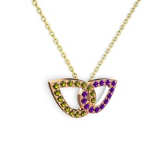 Ametist ve peridot 925 ayar rose altın kaplama gümüş kolye (40 cm altın rolo zincir)