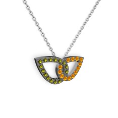 Taşlı Leaf Kolye - Sitrin ve peridot 925 ayar siyah rodyum kaplama gümüş kolye (40 cm beyaz altın rolo zincir) #11n0gbl