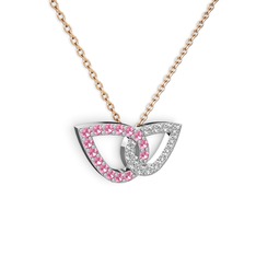 Taşlı Leaf Kolye - Pırlanta ve pembe kuvars 14 ayar beyaz altın kolye (0.154 karat, 40 cm rose altın rolo zincir) #11zs3jy
