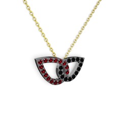 Taşlı Leaf Kolye - Siyah zirkon ve garnet 925 ayar siyah rodyum kaplama gümüş kolye (40 cm altın rolo zincir) #1384f5s