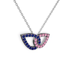 Pembe kuvars ve lab safir 925 ayar siyah rodyum kaplama gümüş kolye (40 cm beyaz altın rolo zincir)