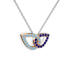 Lab safir ve akuamarin 14 ayar rose altın kolye (40 cm gümüş rolo zincir)