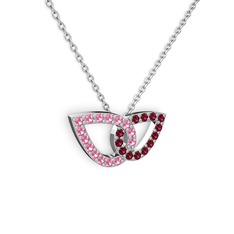 Taşlı Leaf Kolye - Rodolit garnet ve pembe kuvars 8 ayar beyaz altın kolye (40 cm beyaz altın rolo zincir) #170bwfh