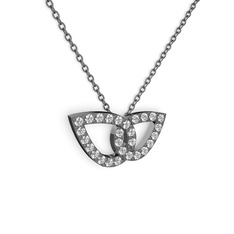 Taşlı Leaf Kolye - Pırlanta ve swarovski 925 ayar siyah rodyum kaplama gümüş kolye (0.154 karat, 40 cm gümüş rolo zincir) #17xysm