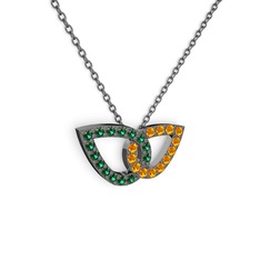 Taşlı Leaf Kolye - Sitrin ve yeşil kuvars 925 ayar siyah rodyum kaplama gümüş kolye (40 cm gümüş rolo zincir) #192u1gt