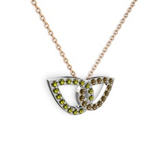Dumanlı kuvars ve peridot 14 ayar beyaz altın kolye (40 cm rose altın rolo zincir)