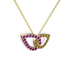 Taşlı Leaf Kolye - Peridot ve ametist 8 ayar rose altın kolye (40 cm altın rolo zincir) #1aw56gu