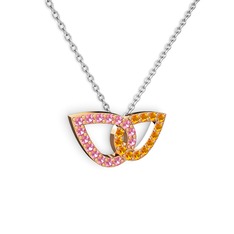 Taşlı Leaf Kolye - Sitrin ve pembe kuvars 18 ayar rose altın kolye (40 cm beyaz altın rolo zincir) #1bbeniv
