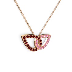Taşlı Leaf Kolye - Pembe kuvars ve garnet 8 ayar rose altın kolye (40 cm rose altın rolo zincir) #1dhp093
