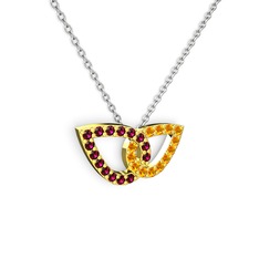 Sitrin ve rodolit garnet 925 ayar altın kaplama gümüş kolye (40 cm beyaz altın rolo zincir)