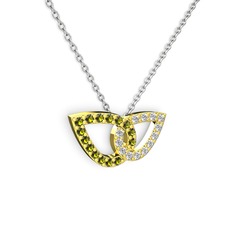 Taşlı Leaf Kolye - Pırlanta ve peridot 18 ayar altın kolye (0.154 karat, 40 cm beyaz altın rolo zincir) #1emmnjn