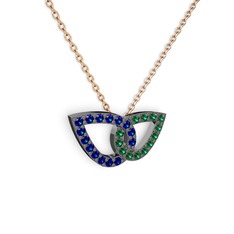 Taşlı Leaf Kolye - Yeşil kuvars ve lab safir 925 ayar siyah rodyum kaplama gümüş kolye (40 cm rose altın rolo zincir) #1emsbto