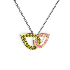 Pembe kuvars ve peridot 14 ayar altın kolye (40 cm gümüş rolo zincir)