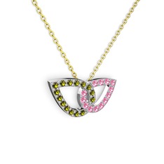 Pembe kuvars ve peridot 8 ayar beyaz altın kolye (40 cm altın rolo zincir)