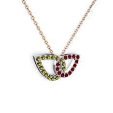 Garnet ve peridot 14 ayar beyaz altın kolye (40 cm rose altın rolo zincir)