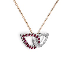 Taşlı Leaf Kolye - Pırlanta ve rodolit garnet 14 ayar beyaz altın kolye (0.154 karat, 40 cm rose altın rolo zincir) #1jz3otb