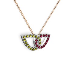 Rodolit garnet ve peridot 14 ayar beyaz altın kolye (40 cm rose altın rolo zincir)