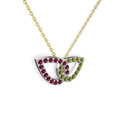 Taşlı Leaf Kolye - Peridot ve rodolit garnet 8 ayar beyaz altın kolye (40 cm altın rolo zincir) #1kaohks