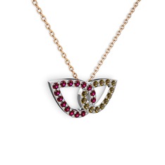 Dumanlı kuvars ve rodolit garnet 14 ayar beyaz altın kolye (40 cm rose altın rolo zincir)