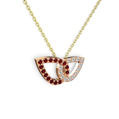 Taşlı Leaf Kolye - Pırlanta ve garnet 18 ayar rose altın kolye (0.154 karat, 40 cm altın rolo zincir) #1kudbtf