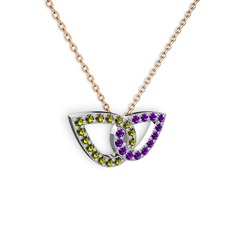 Ametist ve peridot 18 ayar beyaz altın kolye (40 cm rose altın rolo zincir)