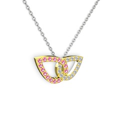 Taşlı Leaf Kolye - Swarovski ve pembe kuvars 8 ayar altın kolye (40 cm beyaz altın rolo zincir) #1n4biam