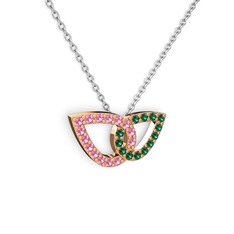 Taşlı Leaf Kolye - Yeşil kuvars ve pembe kuvars 14 ayar rose altın kolye (40 cm beyaz altın rolo zincir) #1o9ccxw