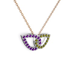 Peridot ve ametist 8 ayar beyaz altın kolye (40 cm rose altın rolo zincir)