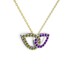 Taşlı Leaf Kolye - Ametist ve peridot 14 ayar beyaz altın kolye (40 cm gümüş rolo zincir) #1q957a3